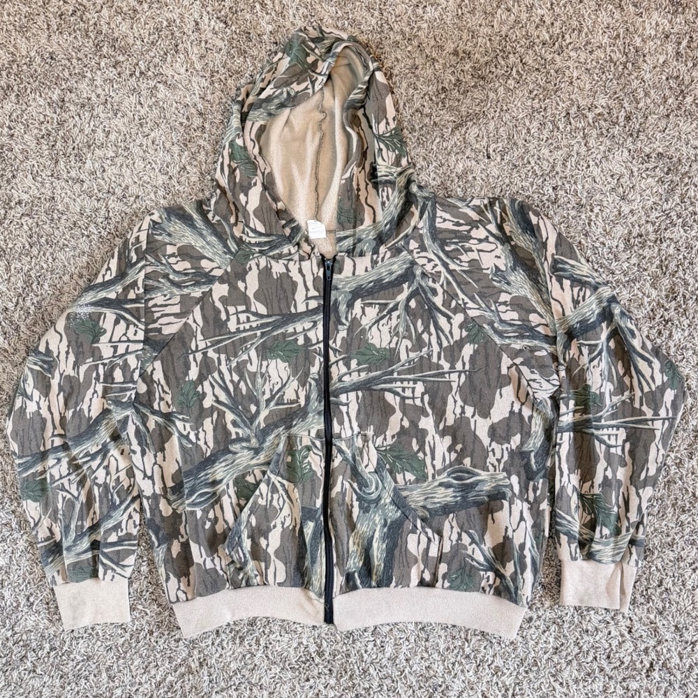 Vintage Tree Branch Camo Full Zip Hoodie Mens Medium Made in USA Raglan 90s